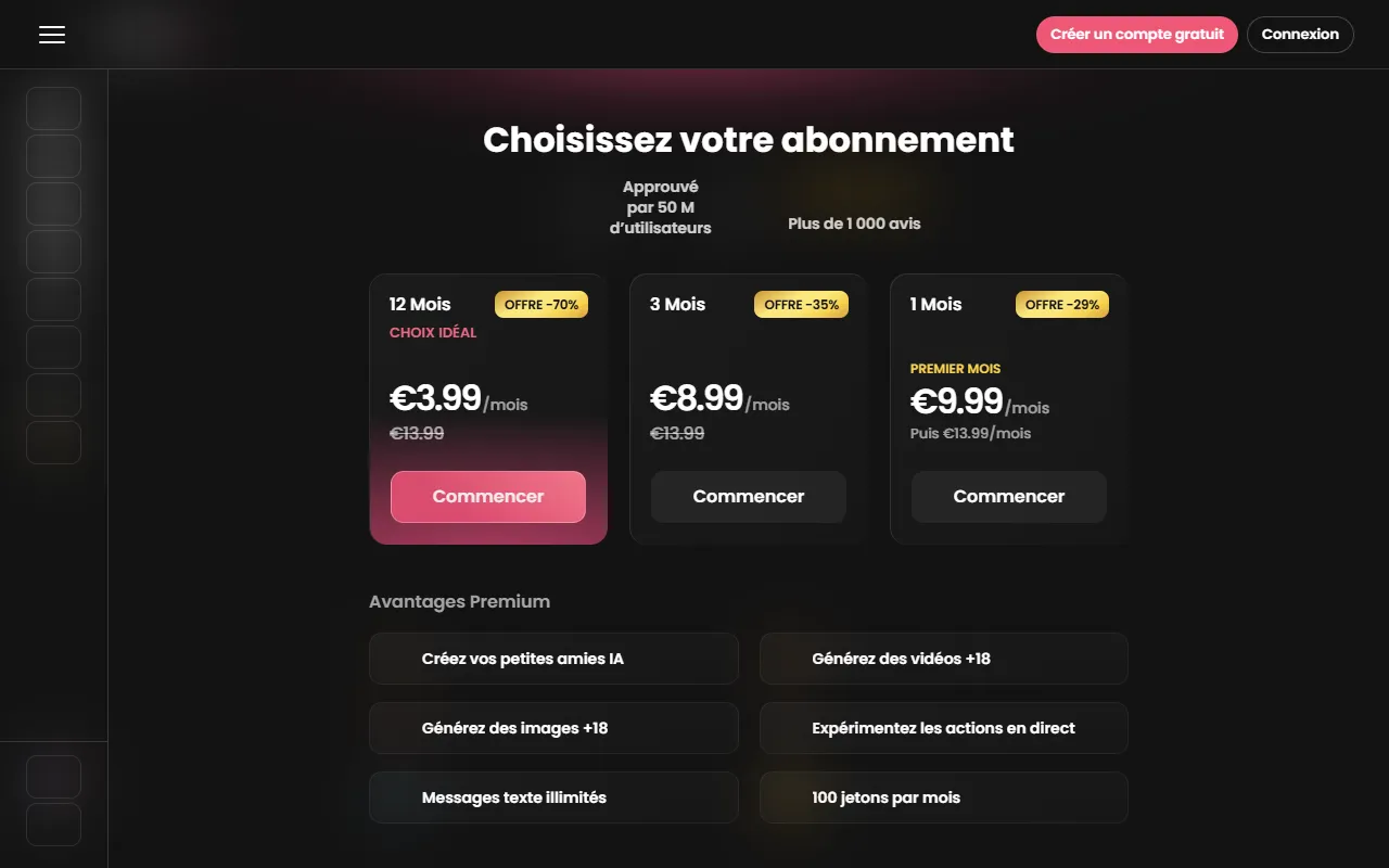 Página oficial de suscripciones de Candy AI: 3,99 € al mes en 12 meses, 8,99 € en 3 meses, 9,99 € el primer mes