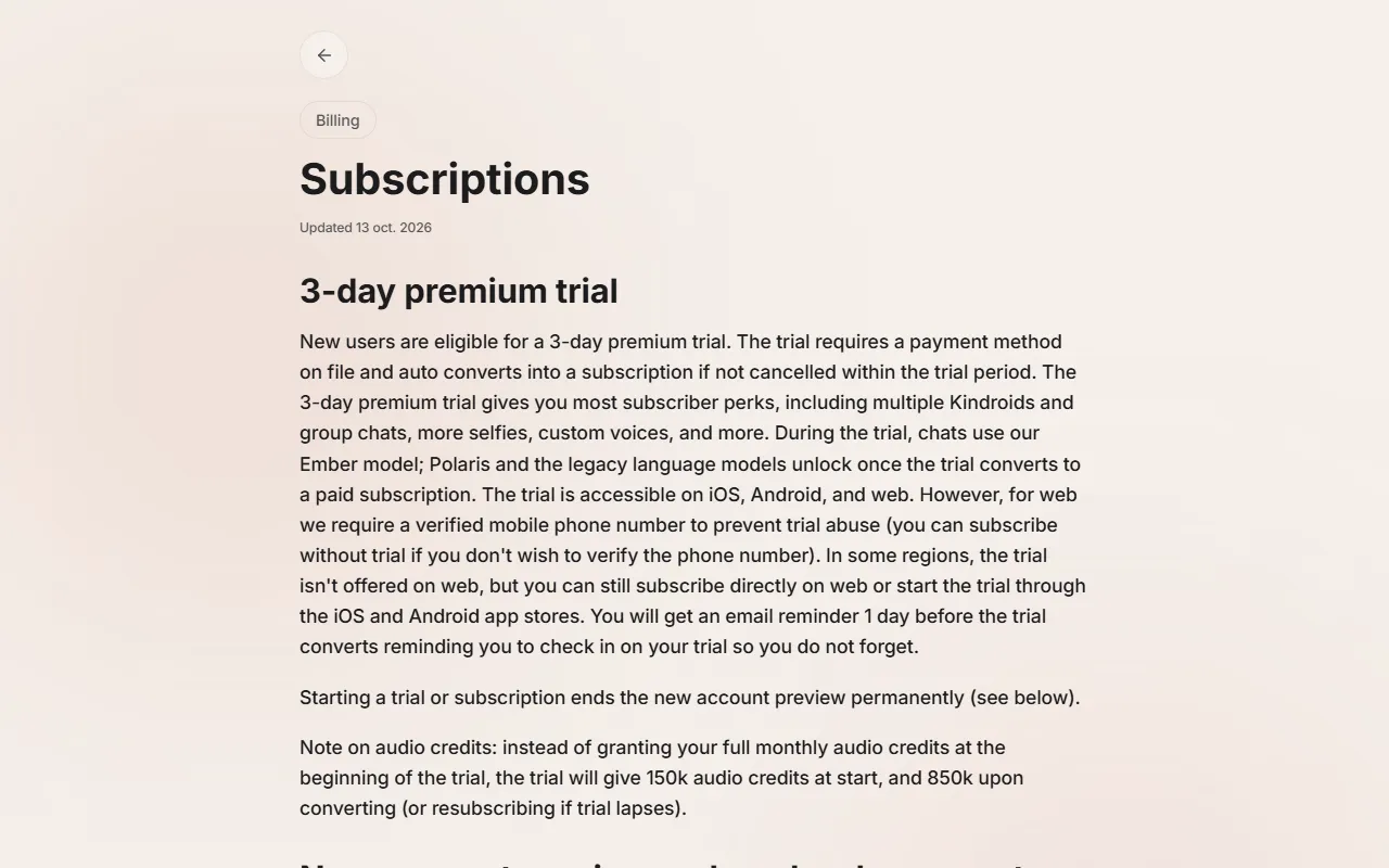 Página de ayuda oficial de Kindroid sobre suscripciones, sección «3-day premium trial»