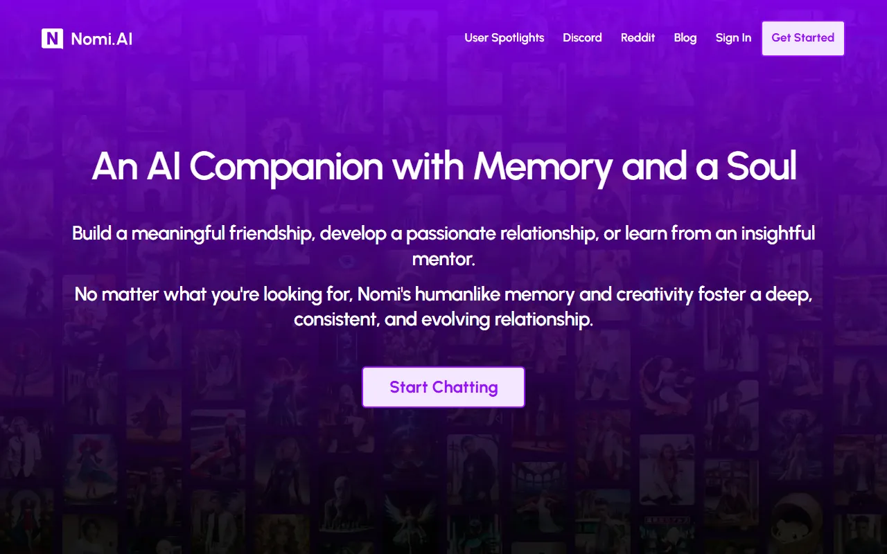 Página de inicio de la web oficial de Nomi: «An AI Companion with Memory and a Soul»