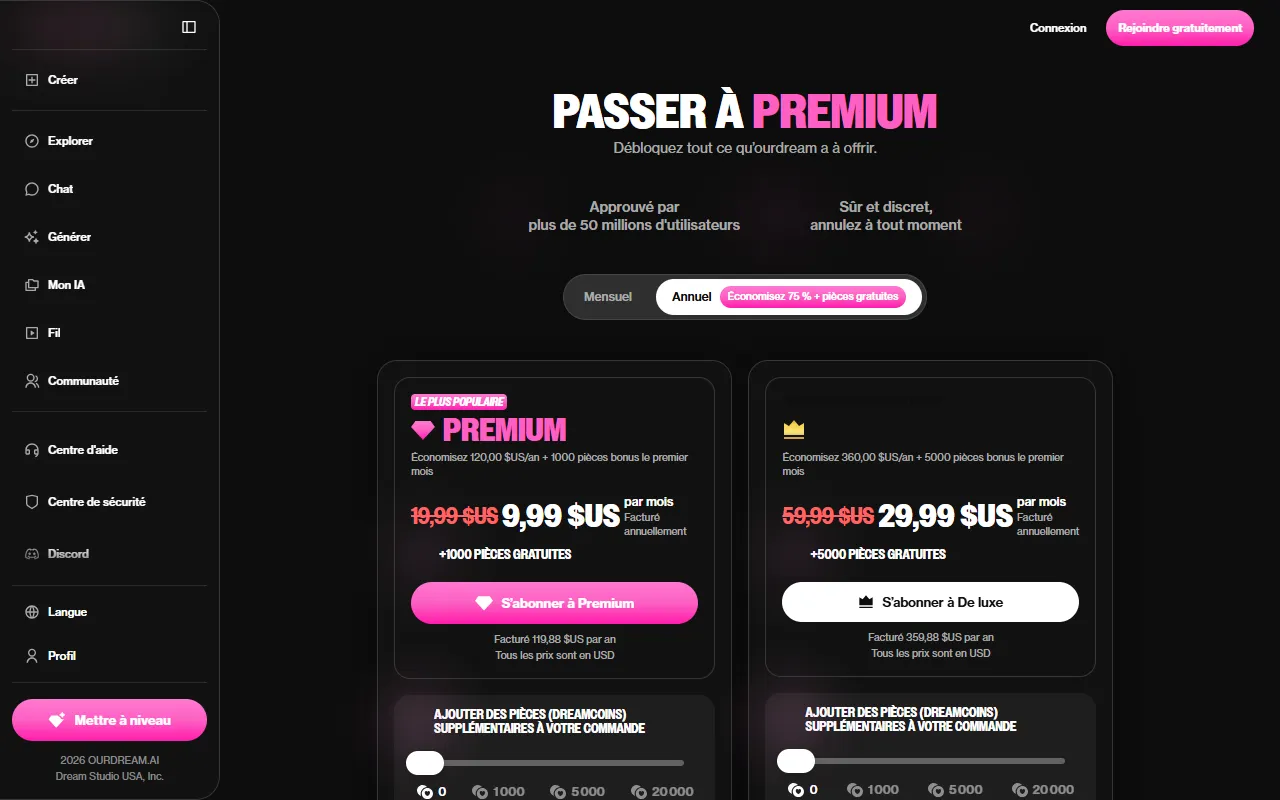 Página Premium oficial de OurDream AI: Premium a 9,99 $ al mes con facturación anual, De luxe a 29,99 $